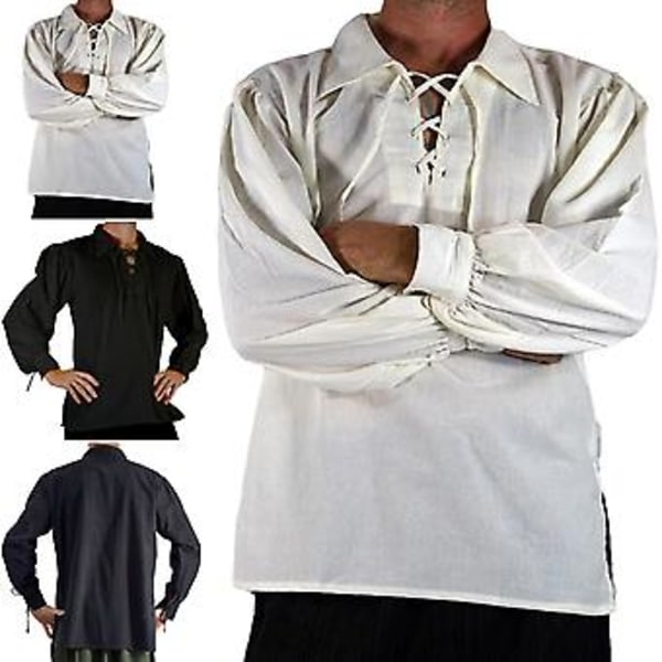 Herre Medieval Renaissance Cosplay Skjorte med Lapel Langærmet Snøre Solid Farve Løstsiddende Trøje (L Sort)