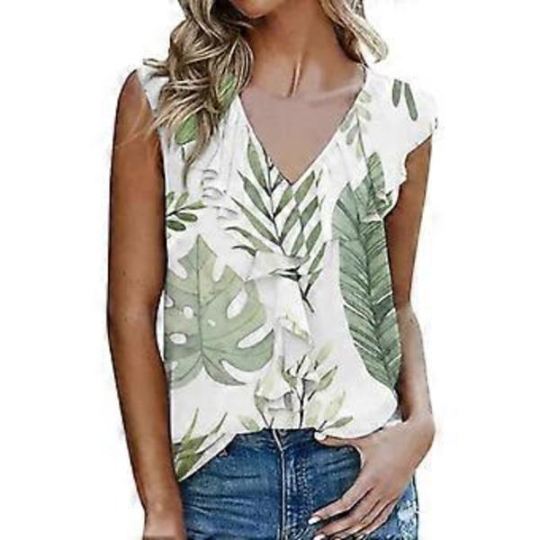 Dam Blommig Volang-V-ringad Tanktopp Lättvikts Trendig Sommar Ärmlös Blusar Linne Casual Lösa T-shirts Grön XXL(XXL Grön)