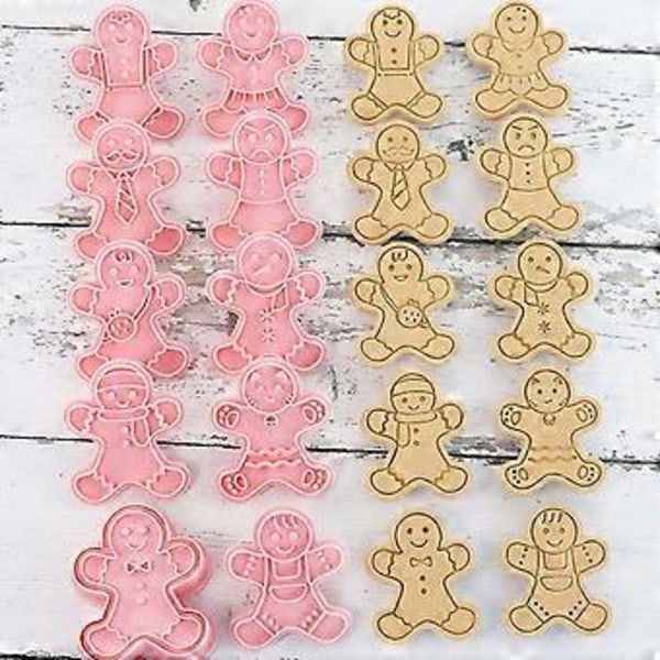 10 stk Mini Pepperkake Mann Kakeformer, 3D Høyde Juledesign Kake Stempler, Mini Morsomme Pepperkake Former, Julepynt Kakeformer