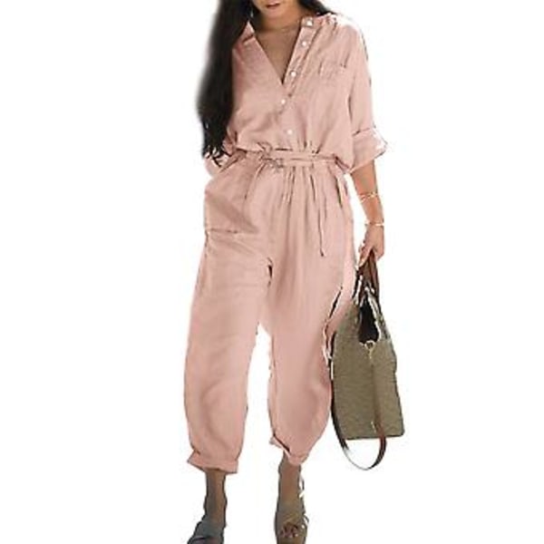 V-hals Jumpsuit med Knapper og Belte for Kvinner - Casual 3/4 Erme Solid Farge Cargo Jumpsuit Dameantrekk (5XL Rosa)