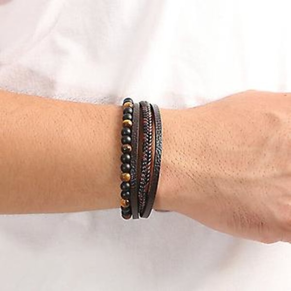Nytt Läderflätat Surferarmband för Män med Tigerögonpärlor, Armring, Gåva (Svart)