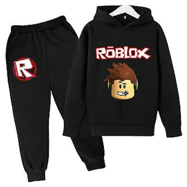 Børne Tracksuit Sæt til Drenge og Piger Roblox Langærmet Hoodie Sweatshirt Trøje Bukser Outfits (11-12 År Sort)