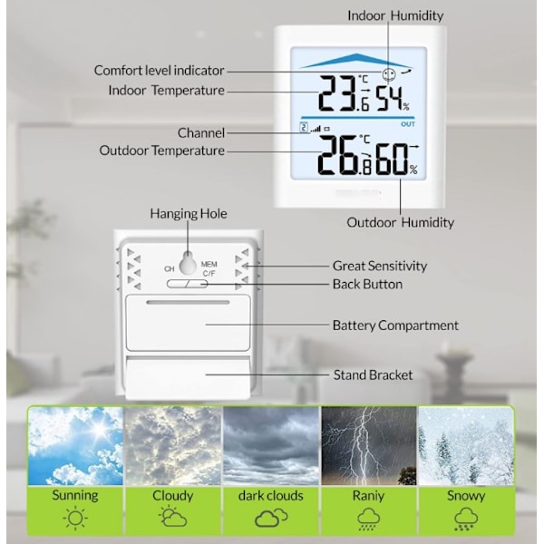 Trådløs vejrstation med udendørs sensor, termometer og hygrometer til indendørs og udendørs temperatur og fugtighed