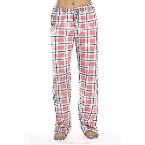Dames Pyjamasbukser med Lommer, Bløde Flanel Check Pyjamasbukser Z (S pink)