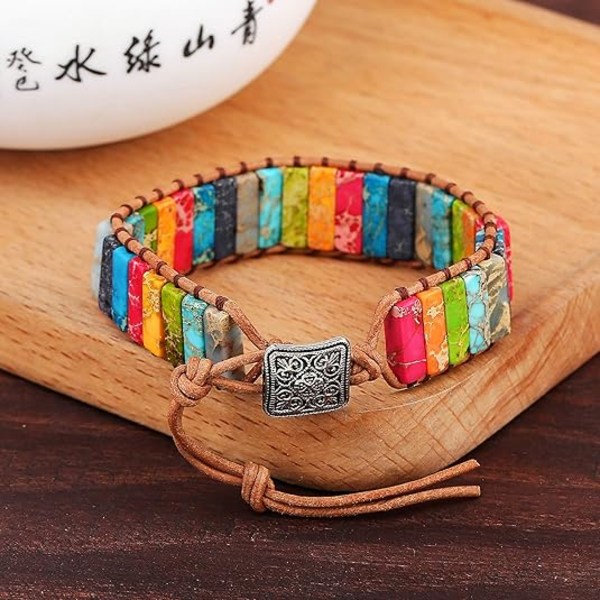 7 Chakras Armband för Kvinnor Boho Handgjord Naturlig Jaspis Sten