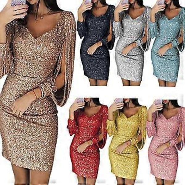 Sexet mini-kjole til kvinder med glitter, lange ærmer og hofter. Flot pailletkjole med V-hals og lange ærmer (4XL Sort)