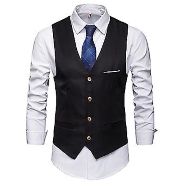 Menn Solid Formelle Knapper Vest med Lommer Business Office V-hals Ermeløs Blazer Vest (3XL Svart)