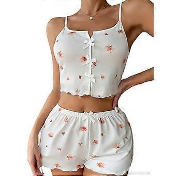 Dam Pyjamas Set Sexig V-ringad Linne och Elastiska Midjeshorts Lounge Sovkläder Set (XXL blommönster)