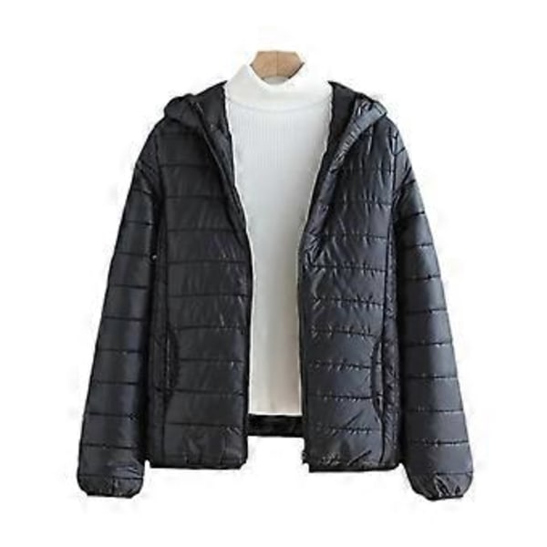 Lättviktig Vadderad Höst Vinter Jackor Damjackor Med Huva Ultralätt Quiltad puffer Enfärgad Kappa för Varm Ankdunsjacka (L svart)