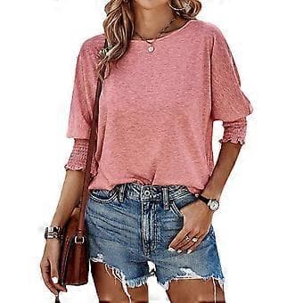 Dame Crew Neck 3/4 Ærme Basic T-shirts Ensfarvet Løs Sød Tunika Top Bluser Basic Tee Bluser Tee Top Casual Tunika Top Pink M(M Pink)