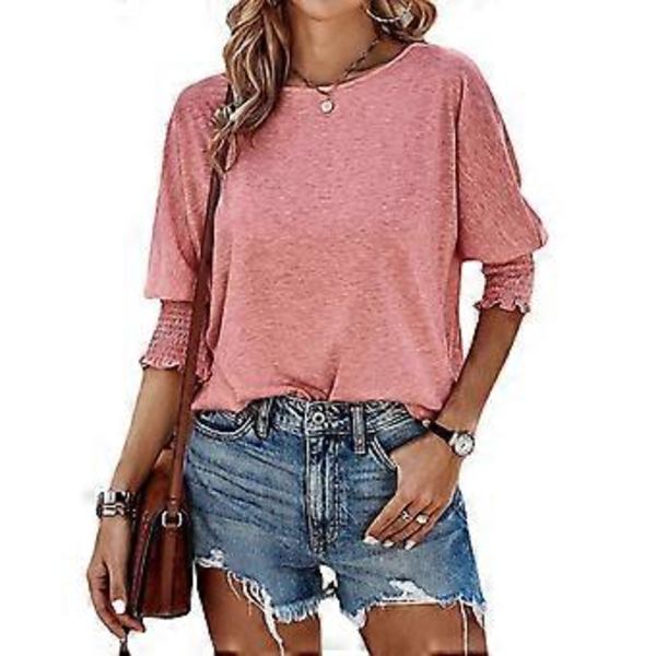 Dame Crew Neck 3/4 Erme Basic T-skjorter Solid Løs Søt Tunika Topp Bluser Basic Tee Bluser Tee Topp Casual Tunika Topp Rosa M(M Rosa)