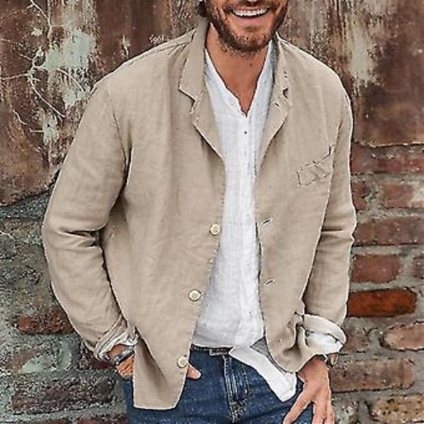 Mænds Bomuld Linned Casual Suit Jakke Lapel Knapløs Jakke (L Khaki)