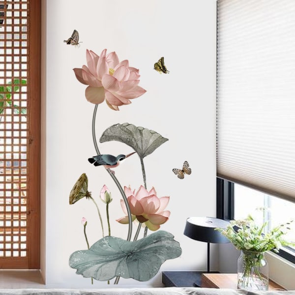 Lotus- ja kukka-aiheinen XXL-kokoinen tarra-seinämaalaus, vaaleanpunainen, sisustus