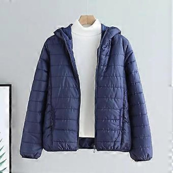 Lätta Vadderade Höst Vinter Jackor Damjackor Med Huva Ultralätt Quiltad Puffig Enfärgad Kappa för Varm Ankdunsjacka (XL marinblå)