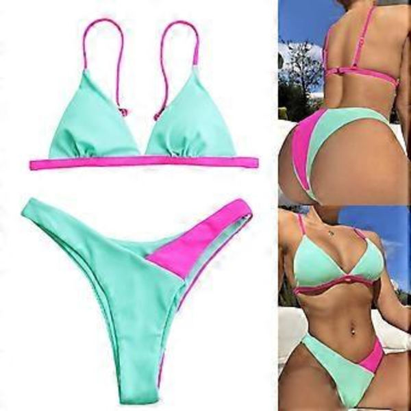 Naisten 2-osainen korkealeikkauksinen rantavaatteet bikinit väripalkki uimapuvut spagettiolkaimilla uimapuku matalavyötäröiset bikinit uimapuku Järvenvihreä XL(XL )