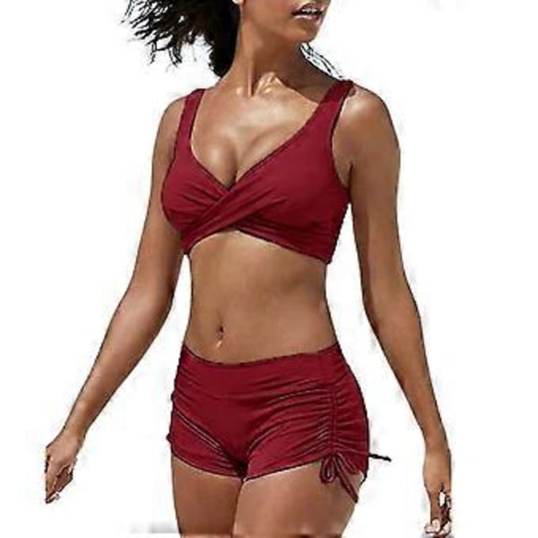 Bikiniset för damer Baddräkt Strandkläder (XL Vinröd)