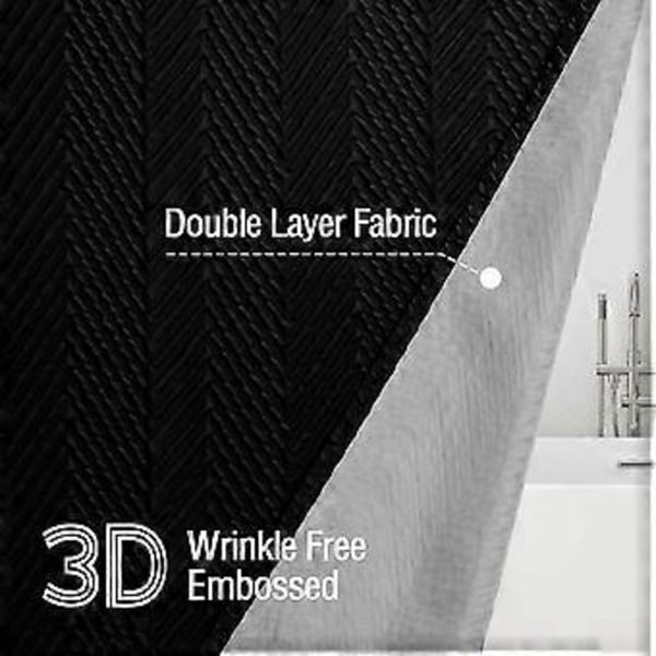 Svart duschdraperi, 3D-präglad texturerad fiskbensväv duschdraperi, modern lantlig badrumsinredning Mjukt tyg duschdraperisets med krokar