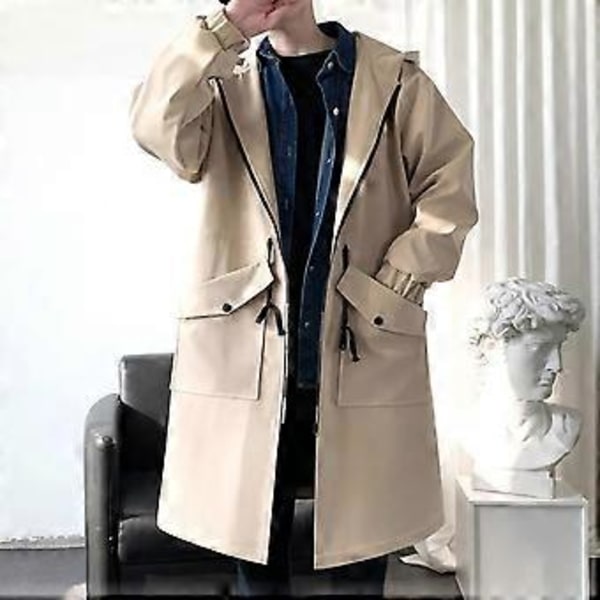 Vanntett vårjakke for menn med hette, vindjakke, ensfarget trendjakke, avslappet, komfortabel parka, lang (XXXL svart)