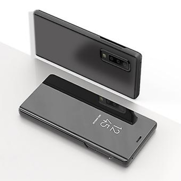 Galaxy A90 5G:lle sähköpinnoitettu peilivaakasuora flip-pu nahkakotelo telineellä (Musta)