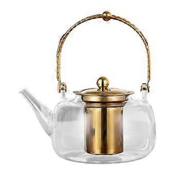 Glastekande med si 1000 ml Klar tekedel til blomstrende te og løs te, tekande til køkkenet, gave til teelskere, camping, hjem (Gylden)