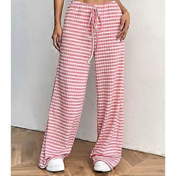 Naisten raidalliset housut, neulehousut, leveälahkeiset housut, löysät ja pussimaiset, kiristysnyörilliset olohousut (XL Pinkki)