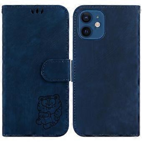 Embosset lærveske for iPhone 12 mini (Mørk blå)