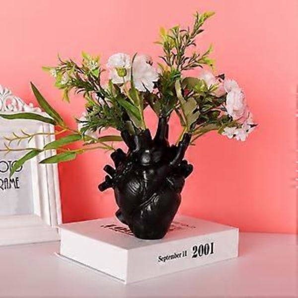 Hjärtvas för blommor, blomkruka i harts, kreativ hjärtformad konstvas, skrivbordsplanteringsskulpturer prydnadshantverk (svart)