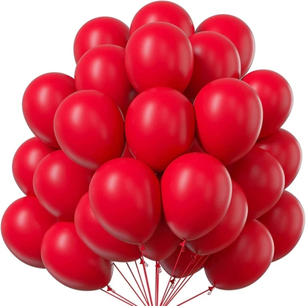 Et sæt med 40 10 tommer røde balloner med bånd til julegaver. Rød kugle