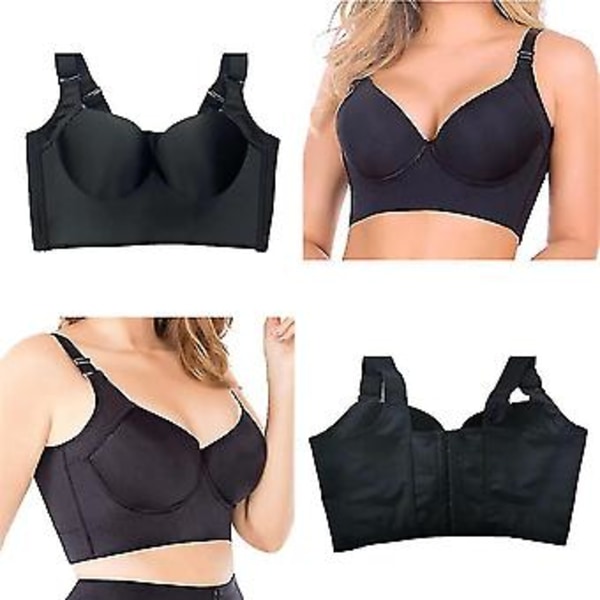 Sportbh för kvinnor med djupt kupor, döljer ryggfett, full ryggtäcke, push-up, fitnessbh -r (42B Svart)