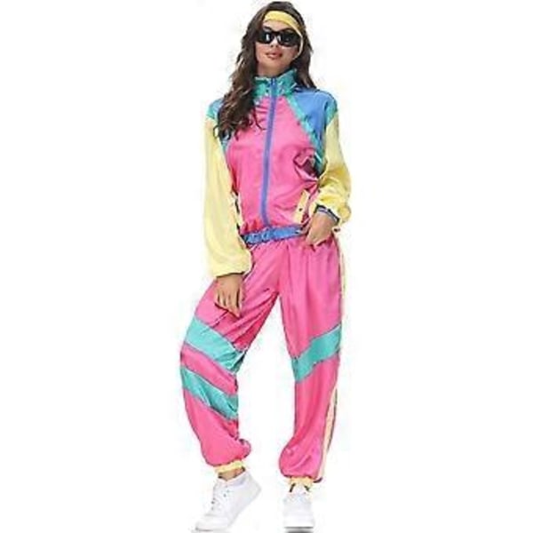 Rave-outfit för damer, glänsande crop top-hoodie, metalliska avslappnade långbyxor, hoodie-träningssweatshirt, discodans-klubbkläder (Large Rainbow Pink)
