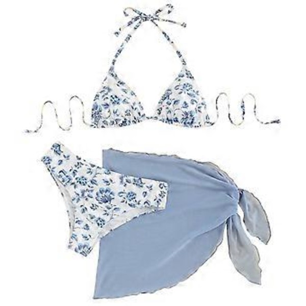 Dame Todelt Blomsterprint Badedragt Halterneck Badedragt med Strand Sarong Nederdel Todelt Halterneck Thong Badedragter Blå L(L )