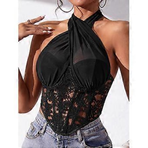 Naisten Seksikäs Pitsi Mesh Korsetti Crop Top Muotoileva Avoselkäinen Korsetti Crop Top (L musta)