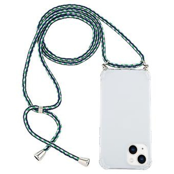 TPU-etui med snor til iPhone 15 Plus (Grøn Blå Hvid)