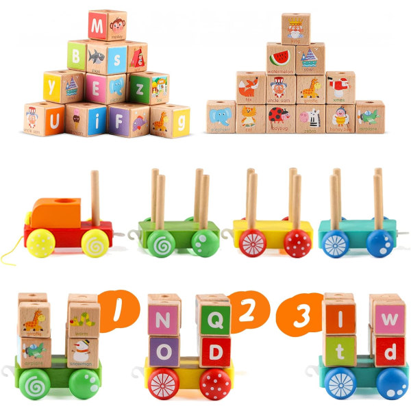 Träblocksleksaksbil med pedagogiska bokstäver och illustrerade kuber Förskoleleksak för småbarn