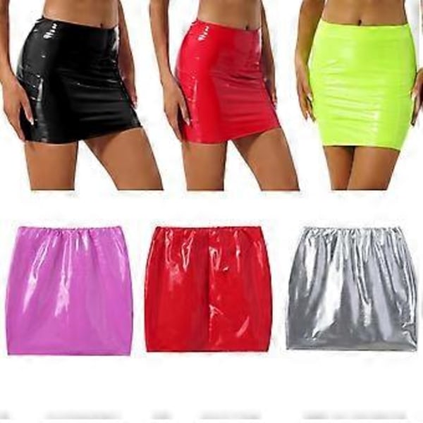 Sexiga glansiga minikjolar i lackläder för damer, enfärgad pennkjol med elastiskt midjeband, blank wetlook latexkjol klubbkläder (XL rosa)