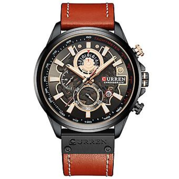 Herreklokke Kronograf Sport Quartz Dato Kalender Lærreim Selvlysende (Oransje&Svart)
