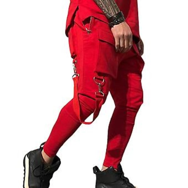 Elastisen vyötärön ja nauhakoristeiden cargo-housut miehille, monilla taskuilla, yksivärinen, keski-istuva, rento hip hop -tyyli, katutyyli (3XL punainen)