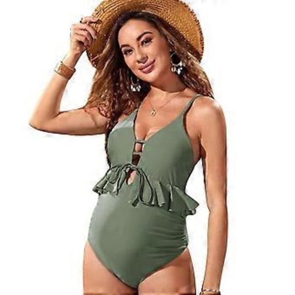Sommer Graviditetsbadedragt V-Hals Udskæring Hel Badedragt Flæse Kant Snøre Monokini Graviditet Badetøj Grøn XL(XL Grøn)