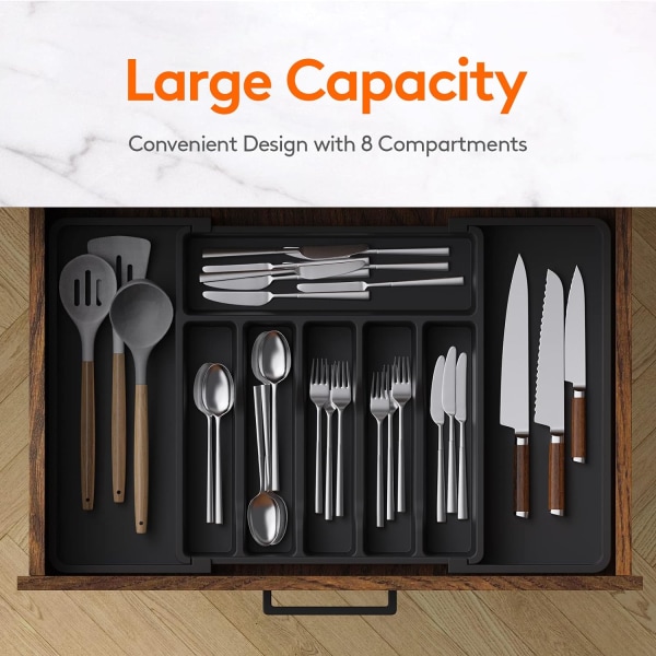 1pc Black Cutlery Organizer, Expandable Drawer Utensil Tray, Adju