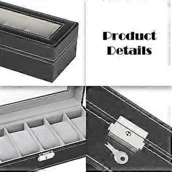 Klocklåda i Läder med 6 Fack, Displaybox, Organizer, Smyckesförvaring, Svart