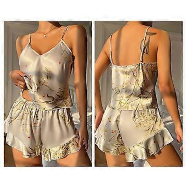 Dam Cami Pyjamas Set V-ringad Ärmlös Linne Pjs Körsbärsmönster Sovkläder (M grön)