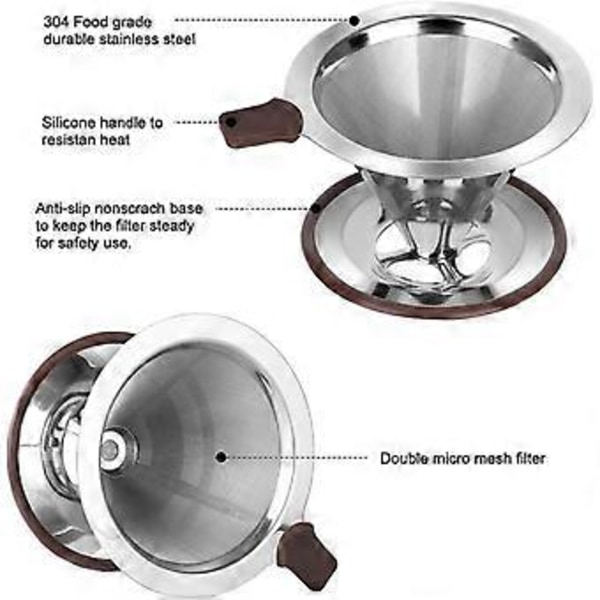 Dobbelt Mikro Mesh Hæld-Over Kaffefilter i Rustfrit Stål til 1-2 Kopper