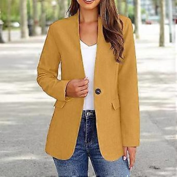Dame Efterår Vinter Jakkesæt Ensfarvet V-hals Langærmet Slim Fit Dame Business Kontor Blazer Jakke (XL gul)