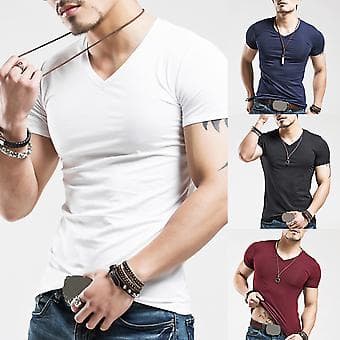 Fianao Herrar Plus Size Sommar Basic Topp Solid Färg Kortärmad V-ringad Slim Fit T-shirt (L Safirblå)