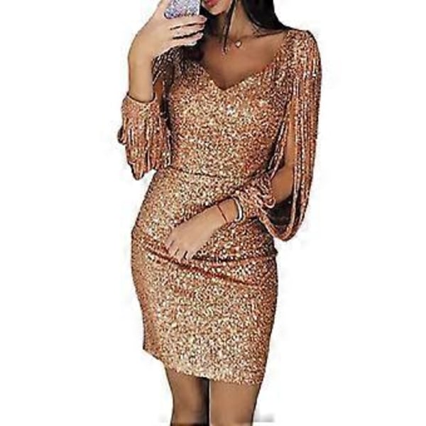 Sexig miniklänning för damer, glittrig långärmad höftklänning, underbar paljettklänning med V-ringning och lång ärm (4XL Guld)