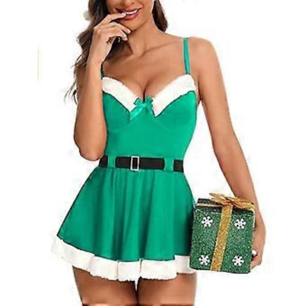 2024 Nytt Kvinnors Juldräkt Vuxen Sexig Kostym Fru Jultomten Cosplay Fest Jul Mini Klänningar (2XL Grön)