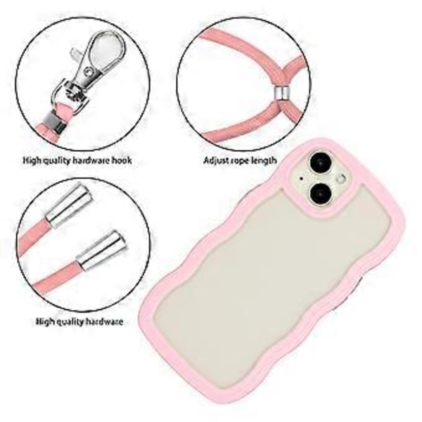 Til iPhone 15 Bølgeformet Telefonetui PC+TPU Transparent Cover med Justerbar Snøre