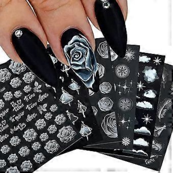 6 Ark 5D Balletflicka Blomma Moln Fjäder Nagelkonst Dekaler, Präglad Egenlimmande Vit Ros Snöflingor Glitter Stjärnor Dekaler för Akrylnagel