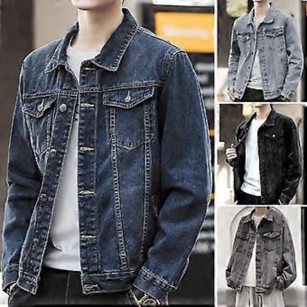 Herre Jakke Denim Retro Hip Hop Stil Løs Enkeltknappet Langærmet Revers Multi Lommer Casual Streetwear Plus Size Herre Frakke (XL mørkeblå)