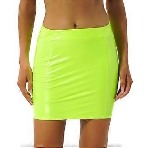 Sexiga glansiga lackminikjolar för damer, enfärgad pennkjol med elastiskt midjeband, blank våtlook latexkjol klubbkläder (XL fluorescerande grön)